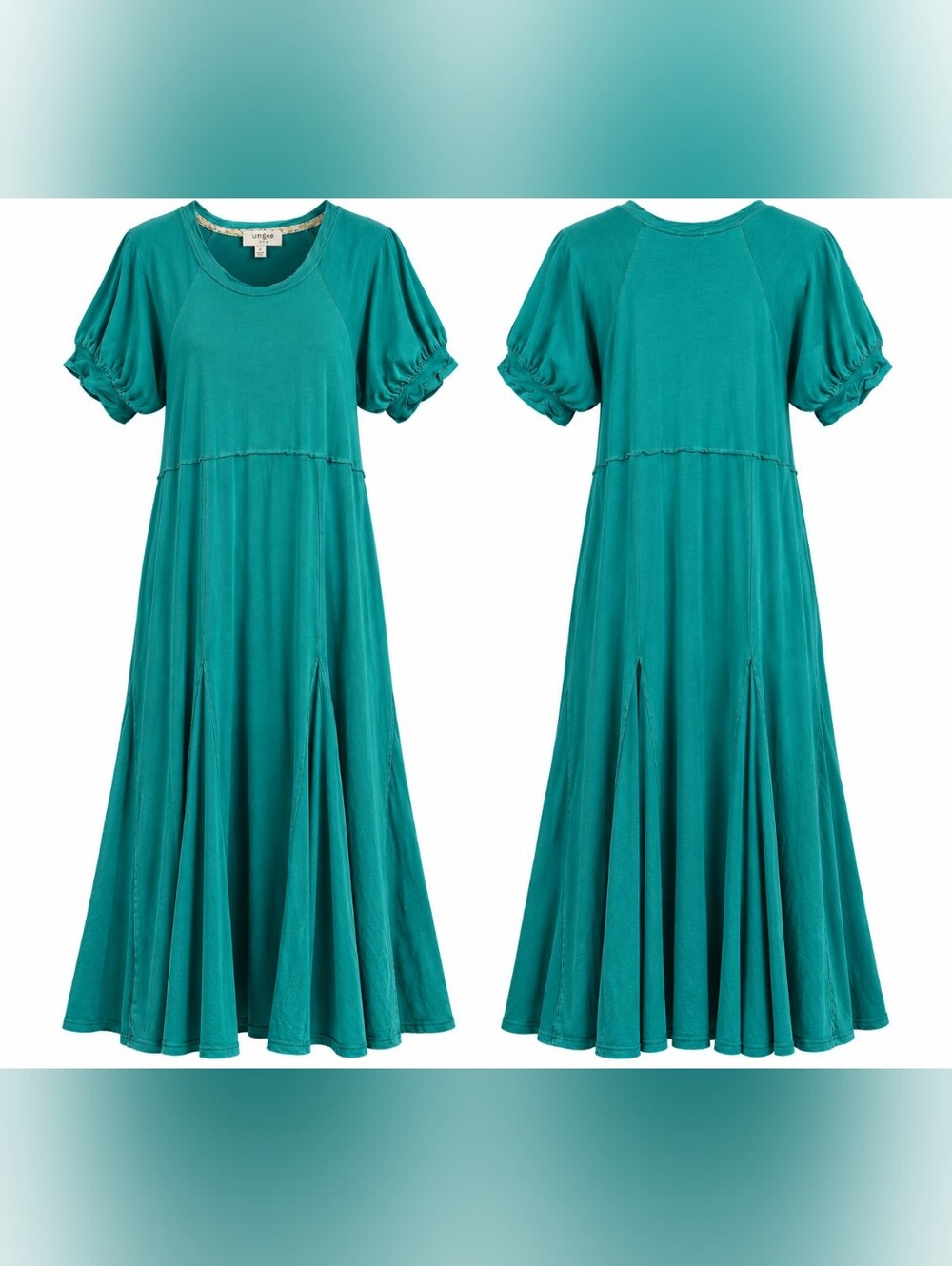 Umgee USA Teal Puff Sleeve Maxi Dress Raw Seam Boho Cottagecore S Lagenlook